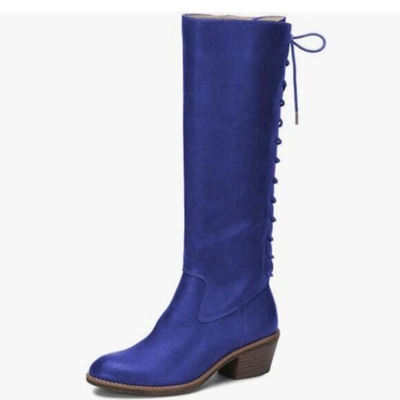 FSJ Royal Blue Retro Stacked Block Heels Lace-up Zipper Knee High Combat Boots - Picture 1 of 8